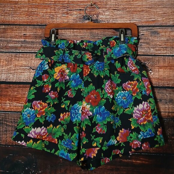 Zara Shorts Size S Paperbag Waist Belted High Rise Cuffed Black Floral Stretch - Picture 2 of 8